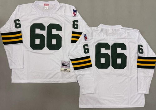 Green Bay Packers #66 Ray Nitschke White Long Sleeve 1969 Throwback Jersey