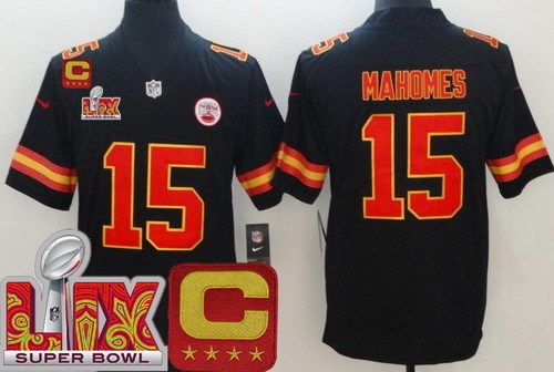 Kansas City Chiefs #15 Patrick Mahomes Limited Black C Patch Super Bowl LIX Vapor Jersey
