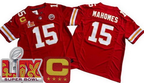 Kansas City Chiefs #15 Patrick Mahomes Limited Red C Patch Super Bowl LIX FUSE Vapor Jersey