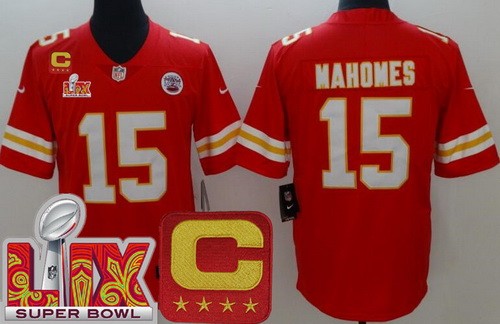 Kansas City Chiefs #15 Patrick Mahomes Limited Red C Patch Super Bowl LIX Vapor Jersey