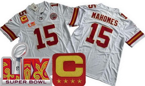 Kansas City Chiefs #15 Patrick Mahomes Limited White C Patch Super Bowl LIX FUSE Vapor Jersey