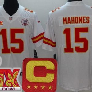 Kansas City Chiefs #15 Patrick Mahomes Limited White C Patch Super Bowl LIX Vapor Jersey