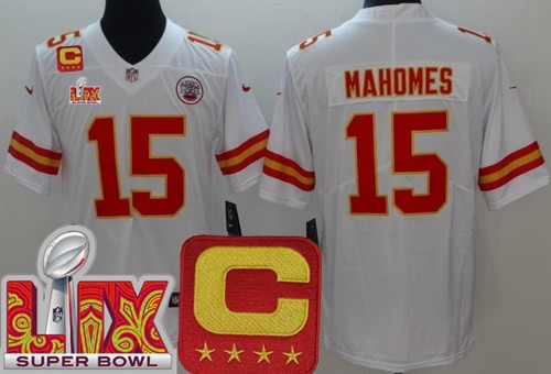 Kansas City Chiefs #15 Patrick Mahomes Limited White C Patch Super Bowl LIX Vapor Jersey