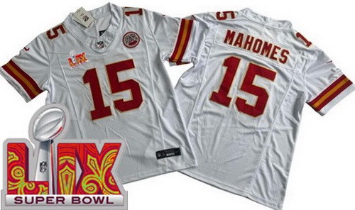 Kansas City Chiefs #15 Patrick Mahomes Limited White Super Bowl LIX FUSE Vapor Jersey