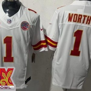 Kansas City Chiefs #1 Xavier Worthy Limited White Super Bowl LIX FUSE Vapor Jersey