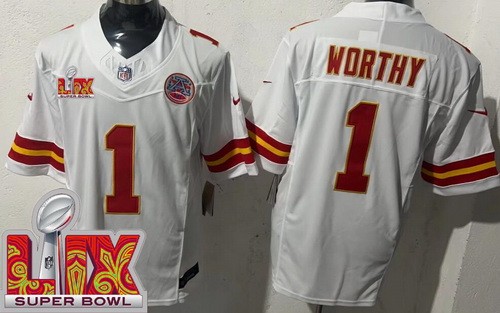 Kansas City Chiefs #1 Xavier Worthy Limited White Super Bowl LIX FUSE Vapor Jersey