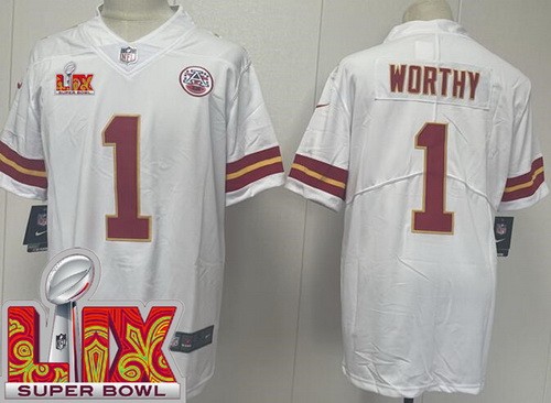 Kansas City Chiefs #1 Xavier Worthy Limited White Super Bowl LIX Vapor Jersey