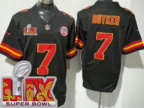 Kansas City Chiefs #7 Harrison Butker Limited Black Super Bowl LIX FUSE Vapor Jersey