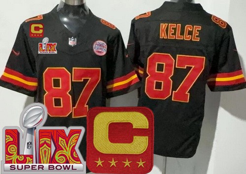 Kansas City Chiefs #87 Travis Kelce Limited Black C Patch Super Bowl LIX FUSE Vapor Jersey