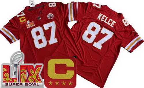 Kansas City Chiefs #87 Travis Kelce Limited Red C Patch Super Bowl LIX FUSE Vapor Jersey
