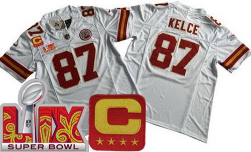 Kansas City Chiefs #87 Travis Kelce Limited White C Patch Super Bowl LIX FUSE Vapor Jersey