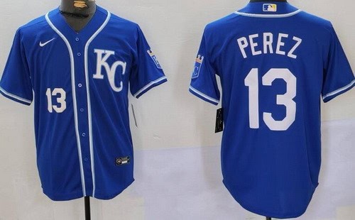 Kansas City Royals #13 Salvador Perez Blue Player Numbe Team Logo Cool Base Jersey