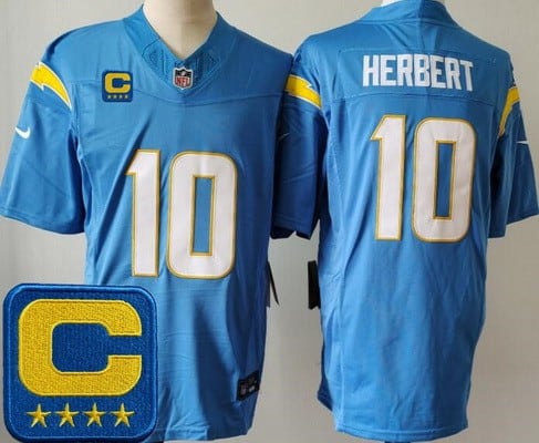 Los Angeles Chargers #10 Justin Herbert Limited Light Blue Captain Patch FUSE Vapor Jersey