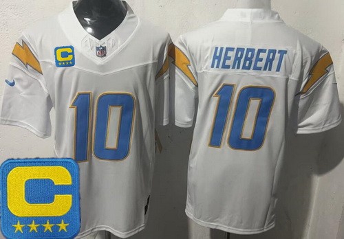 Los Angeles Chargers #10 Justin Herbert Limited White Captain Patch FUSE Vapor Jersey