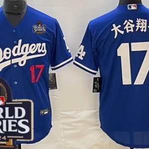 Los Angeles Dodgers #17 Shohei Ohtani Blue Japanese 2024 World Series Cool Base Jersey