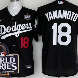 Los Angeles Dodgers #18 Yoshinobu Yamamoto Black 2024 World Series Cool Base Jersey