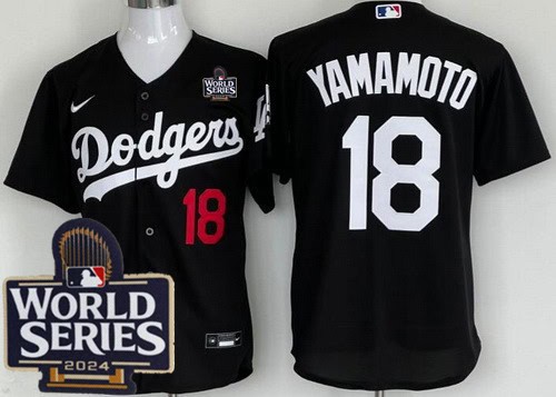 Los Angeles Dodgers #18 Yoshinobu Yamamoto Black 2024 World Series Cool Base Jersey