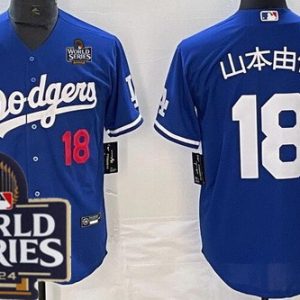 Los Angeles Dodgers #18 Yoshinobu Yamamoto Blue Japanese 2024 World Series Cool Base Jersey
