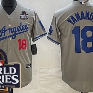 Los Angeles Dodgers #18 Yoshinobu Yamamoto Gray Alternate 2024 World Series Cool Base Jersey