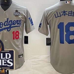 Los Angeles Dodgers #18 Yoshinobu Yamamoto Gray Japanese 2024 World Series Cool Base Jersey