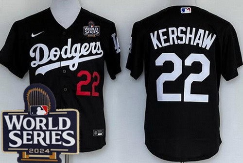 Los Angeles Dodgers #22 Clayton Kershaw Black 2024 World Series Cool Base Jersey