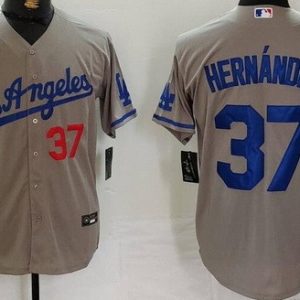 Los Angeles Dodgers #37 Teoscar Hernandez Gray Alternate Player Numbe Team Logo Cool Base Jersey