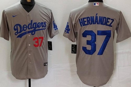 Los Angeles Dodgers #37 Teoscar Hernandez Gray Player Numbe Team Logo Cool Base Jersey