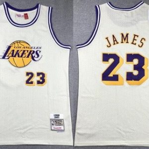 Los Angeles Lakers #23 LeBron James Cream Chainstitch Throwback Swingman Jersey