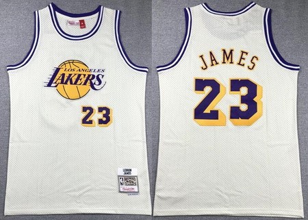 Los Angeles Lakers #23 LeBron James Cream Chainstitch Throwback Swingman Jersey