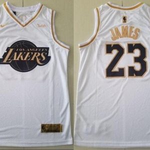 Los Angeles Lakers #23 LeBron James White Gold Icon Sponsor Swingman Jersey