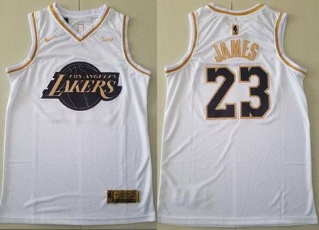 Los Angeles Lakers #23 LeBron James White Gold Icon Sponsor Swingman Jersey