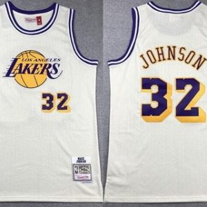 Los Angeles Lakers #32 Magic Johnson Cream Chainstitch Throwback Swingman Jersey