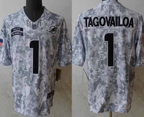 Miami Dolphins #1 Tua Tagovailoa Limited Arctic Camo 2024 Salute to Service Jersey