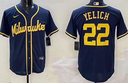 Milwaukee Brewers #22 Christian Yelich Navy Cool Base Jersey