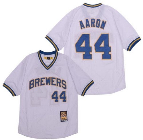 Milwaukee Brewers #44 Hank Aaron White Cooperstown Throwback Cool Base Jersey