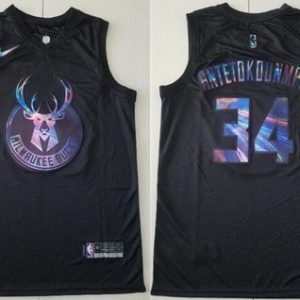 Milwaukee Bucks #34 Giannis Antetokounmpo Black Iridescent Holographic Icon Swingman Jersey