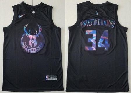 Milwaukee Bucks #34 Giannis Antetokounmpo Black Iridescent Holographic Icon Swingman Jersey