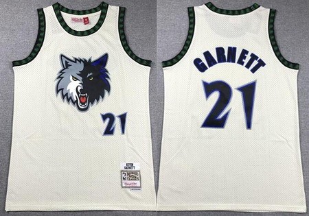 Minnesota Timberwolves #21 Kevin Garnett Cream Chainstitch Throwback Swingman Jersey