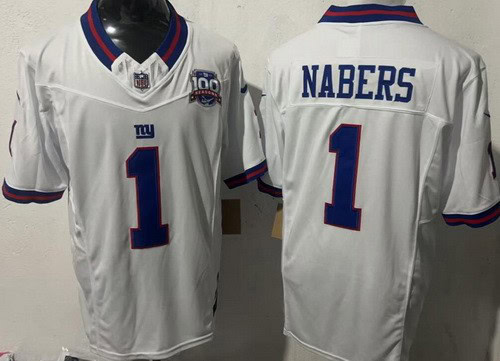 New York Giants #1 Malik Nabers Limited White Throwback 100 Seasons FUSE Vapor Jersey