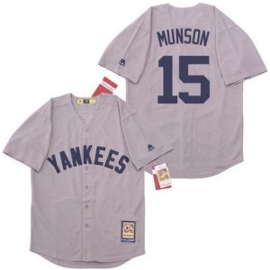 New York Yankees #15 Thurman Munson Gray Cooperstown Throwback Cool Base Jersey