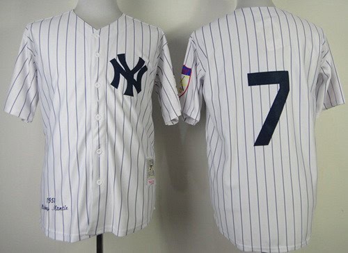 New York Yankees #7 Mickey Mantle White 1951 Throwback Jersey