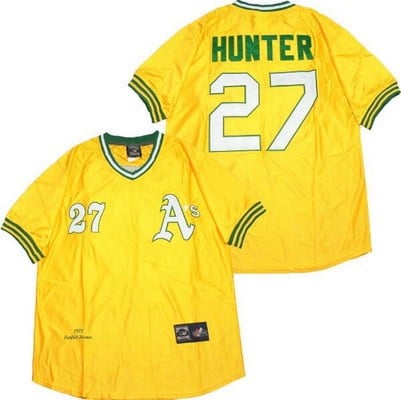 Oakland Athletics #27 Catfish Hunter Yellow 1972 Throwback Jersey