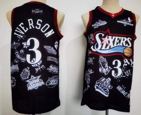 Philadelphia 76ers #3 Allen Iverson Black Team Logos Swingman Jersey