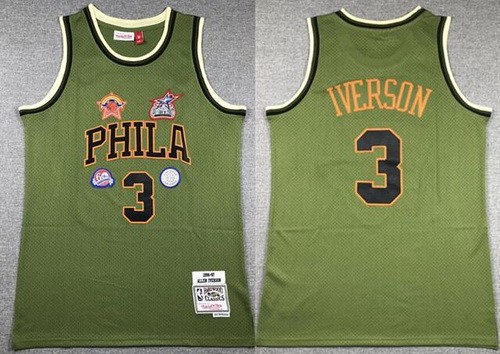Philadelphia 76ers #3 Allen Iverson Olive Military Flight 1996 Throwback Swingman Jersey