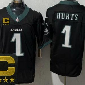 Philadelphia Eagles #1 Jalen Hurts Limited Black Captain Patch FUSE Vapor Jersey