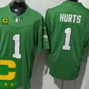 Philadelphia Eagles #1 Jalen Hurts Limited Kelly Green Captain Patch FUSE Vapor Jersey