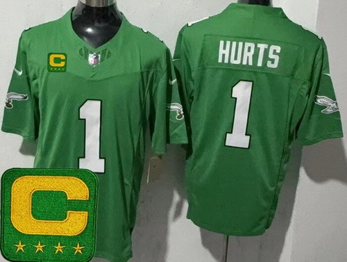 Philadelphia Eagles #1 Jalen Hurts Limited Kelly Green Captain Patch FUSE Vapor Jersey