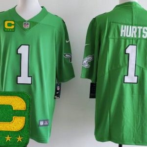 Philadelphia Eagles #1 Jalen Hurts Limited Kelly Green Captain Patch Vapor Jersey
