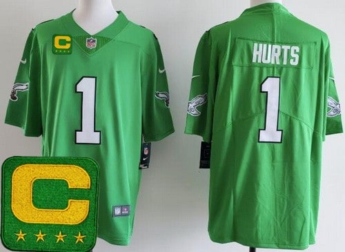 Philadelphia Eagles #1 Jalen Hurts Limited Kelly Green Captain Patch Vapor Jersey