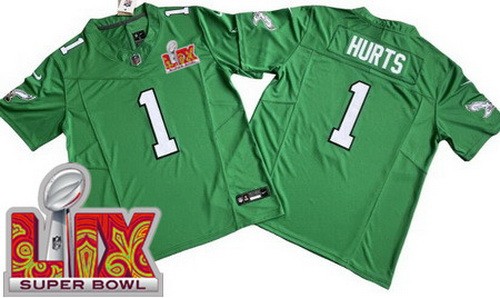 Philadelphia Eagles #1 Jalen Hurts Limited Kelly Green Super Bowl LIX FUSE Vapor Jersey